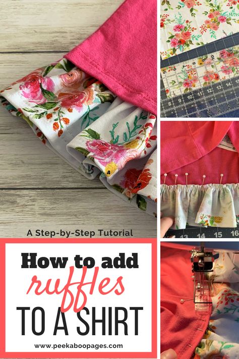 Hello! It's Stephanie from Stephie B's Designs here again with another fun tutorial. Today I'm going to show you how to add ruffles to the bottom hem of a shirt! This is such a cute How To Add A Ruffle Hem, Add Fabric To Shirt, How To Add Fabric To A Shirt, Adding Ruffles To A Tee Shirt, T Shirt Hem Ideas, How To Make Ruffle Sleeves, Diy Ruffle Sleeve, Ruffle Tutorial, How To Make Ruffles