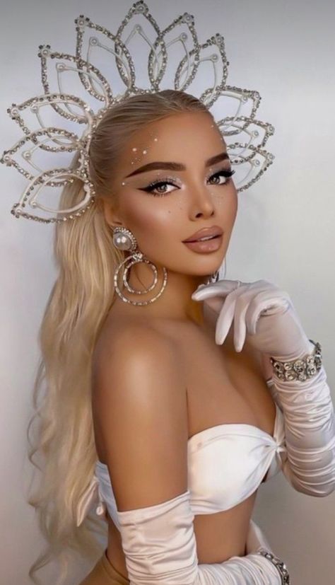 Look like a Goddess with this look.. #Halloween #costumes #trickortreat Queen Custome Ideas, Godess Make Up Halloween, Goddess Dance Costume, Goddess Looks Inspiration, Greek Goddess Makeup Halloween, Goddess Diy Costume, Ice Queen Costume Halloween, Gods And Goddesses Costume, Halloween Costumes Goddess