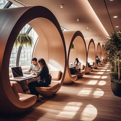 Study Hub Design, Library Seating Ideas, Futuristic Cafe, Coworking Space Ideas, Futuristic Office, Coworking Space Design, Architecture Work, Modern Restaurant Design, Study Cafe