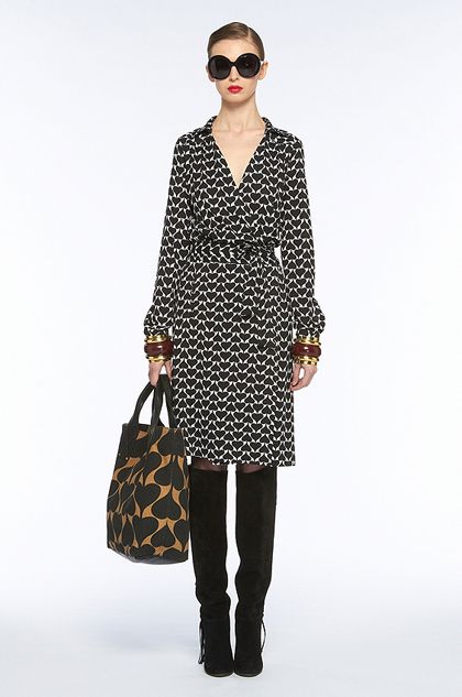 Wrap Dress Outfit Winter, Dvf Wrap Dress Outfit, Elevated Outfits, Wrap Dress Outfit, Diane Von Furstenberg Wrap Dress, Dvf Wrap Dress, Heart Print Dress, Winter Dress Outfits, Diane Von Furstenberg Dress