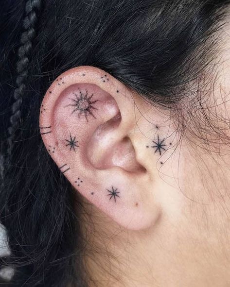 94 Unique Ear Tattoos For Men And Women - Our Mindful Life Miningful Tattoo, Stick N Poke Hand Tattoos, Simple Ear Tattoos, Men Ear Tattoo, Stick And Poke Hand Tattoos, Star Stick And Poke, Small Ear Tattoos, Stick And Poke Tattoo Ideas Simple, Small Face Tattoos For Women