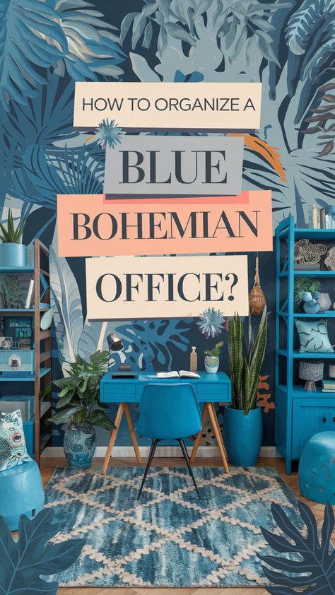 Organize your blue bohemian office with vintage-inspired storage. 🪞✨ Use woven baskets for a natural touch and a wooden desk to anchor the space. 🌿🪑 Incorporate a bohemian color palette of deep blues and earthy tones. 💙🎨 Add cute boho accessories like small trays and jars for stationery. 🧺🌸 This setup blends functionality with bohemian flair workspace. #bohemianhomeoffice #bohochicdecor #bohointerior #bohemianstyle #vintageofficeinspiration #bohemianflair #bohocolorpalette #bohohomeoffice Bohemian Office Space, Scandi Boho Interior, Bohemian Home Office, Feminine Home Office Ideas, Bohemian Color Palette, Bohemian Office, Hippie Bedroom Decor, Hippie Bedroom, Boho Office