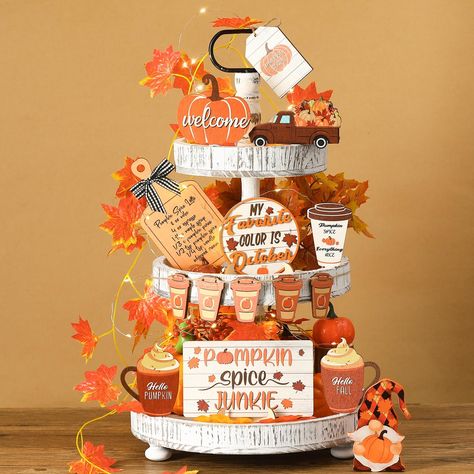 PRICES MAY VARY. What You Will Receive: the package comes with 15 pieces of fall tiered tray decors, enough quantity of exquisite fall tray decors to meet your decoration needs for Thanksgiving Day or family gatherings Fall Theme Design: the farmhouse tiered tray decors are designed with various classic autumn elements, such as pumpkins, maple leaves, trucks, the whole decorations set is mainly in orange color, creating a warm and festival atmosphere Quality Material: the farmhouse tiered tray d Fall Tray Decor, Thanksgiving Home Decorations, Fall Tray, Raffle Basket, Fall Tiered Tray Decor, Table Centerpiece Decorations, Pumpkin Truck, Fall Diy, Fall Fun