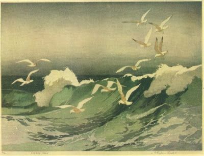 Arthur Rigden Read, British (1879-1955) - Stormy Sea, Colour Woodcut ::: Farb-Holzschnitt Moku Hanga, Sea Illustration, Stormy Seas, Fish Tales, Lino Cut, Stormy Sea, Woodcuts Prints, Wood Engraving, Big Waves