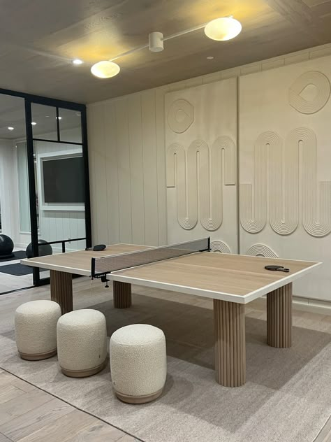 Ping Pong Table Game Room, Scandinavian Game Room, Office Ping Pong Table, Luxury Ping Pong Table, Table Tennis Office, Basement With Ping Pong Table, Pool Table Color Ideas, Modern Billiard Room Design, Game Room Furniture Ideas