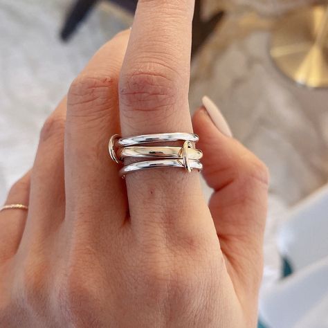 Sterling Silver Rings Stack, Rings That Fit Together, Ring Stacks Mixed Metal, Mixing Gold And Silver Rings, Two Toned Ring, Two Toned Rings, Silver And Gold Jewelry Mixing Rings, Gold And Silver Ring Stack, Silver And Gold Ring Stack