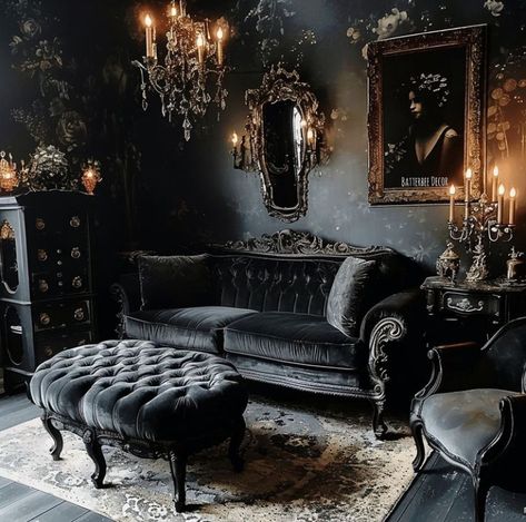 Living Room With Chesterfield Sofa, Luxury Dark Living Room, Gothic Whimsy, Gothic Houses, Goth Interior, Victorian Gothic House, Casa Rock, Gothic Victorian House, Victorian Ideas