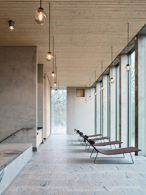 Johan Sundberg adds concrete Andrum spa to 16th century Swedish estate Spa Interior Design, Spa Interior, Health Spa, Faux Plafond, Spa Center, Exposed Concrete, Spa Design, Luxury Boutique Hotel, Building Structure