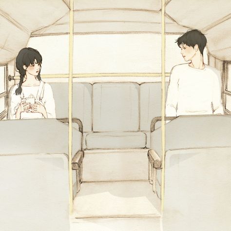 It is neither couple nor just friend. Nor begin romantic relationship but not fun date. Being with him or her, you're becoming emotionally involved with it, But that relation is more difficult to define in a word. Bus Love Couple, Bus Couple Aesthetic, Bus Anime, Bus Couple, Bus Drawing, Reference Board, Couple Illustration, Korean Art, Drawing Inspo