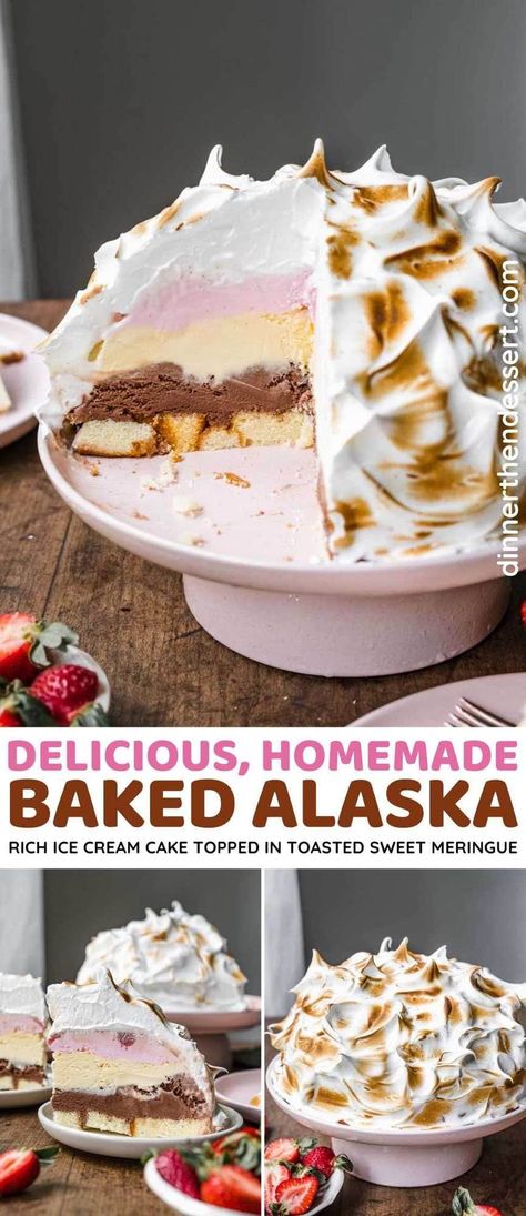 Baked Alaska Christmas Baked Alaska, Baked Alaska Cake Recipe, Bake Alaska Cake, Alaskan Desserts, Baked Alaskan, Easy Baked Alaska Recipe, Baked Alaska Recipe Traditional, Alaska Recipes, Alaskan Recipes