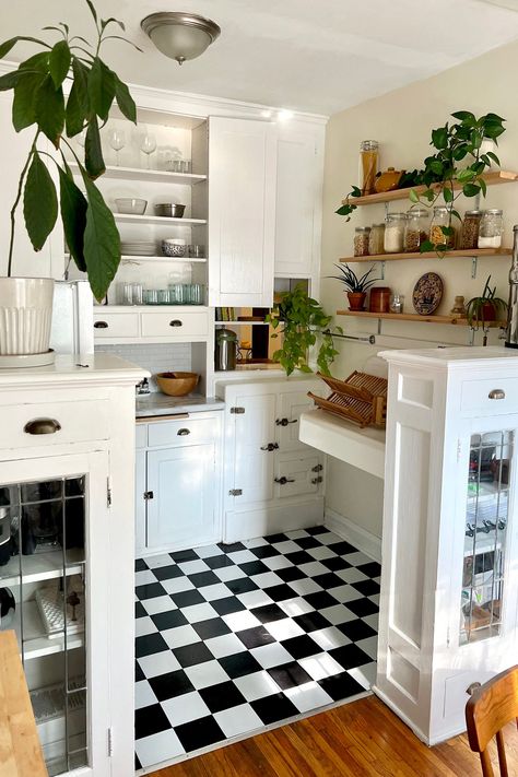 Green And Blue Kitchen, Checkered Floor Kitchen, Kitchen Hutches, Minneapolis Apartment, 1920s Kitchen, Diy Kitchen Shelves, Peel And Stick Floor, Bright Kitchens, Apartment Kitchen