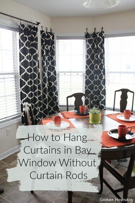 Curtains In A Bay Window, How To Decorate A Bay Window, Diy Bay Window Curtain Rod, Decorating A Bay Window, Picture Window Curtains, Bay Window Curtain Ideas, Curtains Without Rods, Diy Bay Window Curtains, Adventure House