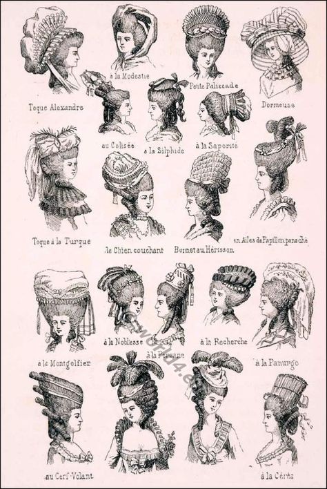 Coiffures 18th century. Various Rococo headdresses and hairstyles. 1982 Hairstyles, 1996 Hairstyles, 1992 Hairstyles, Rococo Hairstyles, 18th Century Hairstyles, Rose Bertin, 18th Century Hair, 18th Century Wigs, 18th Century Hats