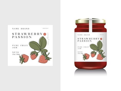 Vector illustration realistic glass bott... | Premium Vector #Freepik #vector #jam-jar #glass-jar #jar #strawberry-jam Glass Bottle Packaging, Jam Strawberry, Jam Packaging, Jam Label, Illustration Realistic, Label Image, Design Label, Fruit Jam, Bottle Packaging