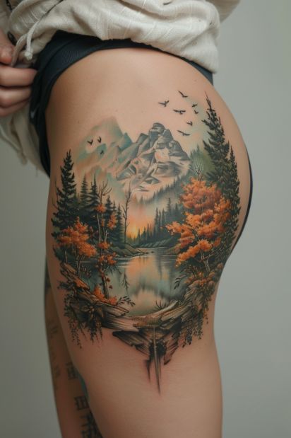 Forest Back Tattoo Women, Best Thigh Tattoos For Women, Fall Nature Tattoo, Womens Full Leg Tattoo, Mountain Hip Tattoo, Nature Woman Tattoo, Mountain Tattoo Leg, Womens Leg Tattoo Ideas, Mother Nature Tattoos For Women