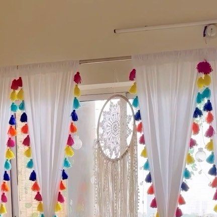 Tassels On Curtains, Tassel Curtains Diy, Handmade Curtains Ideas, Curtains Decoration Ideas, Curtain Decoration Ideas, Colourful Curtains, Diy Toran, Boho Curtains Living Room, Curtains With Tassels