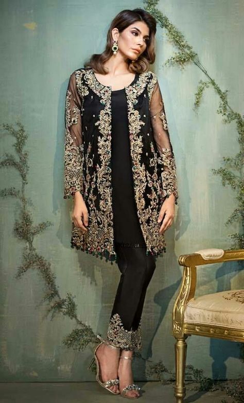 Gaon Style Dresses, Long Net Shrug Design, Net Shrug Design, Net Shrug, Shrug Design, Embroidered Jacket, Style Dresses, Silk, Gold