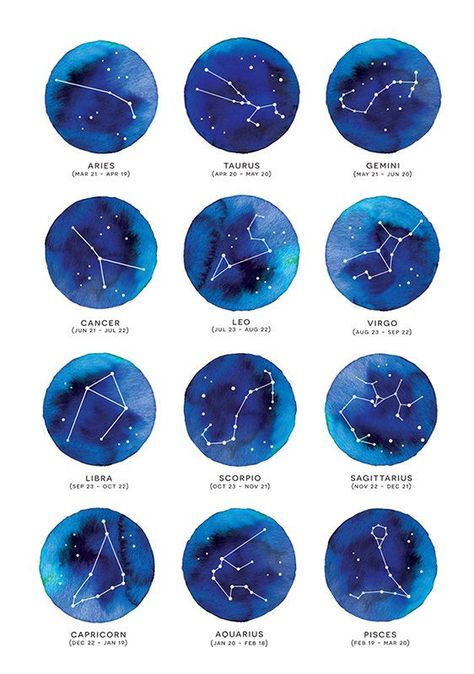 Zodiac signs watercolors طابع بريدي, Star Constellations, Zodiac Constellations, Zodiac Horoscope, Trendy Tattoos, The Night Sky, Star Signs, 그림 그리기, Stars And Moon