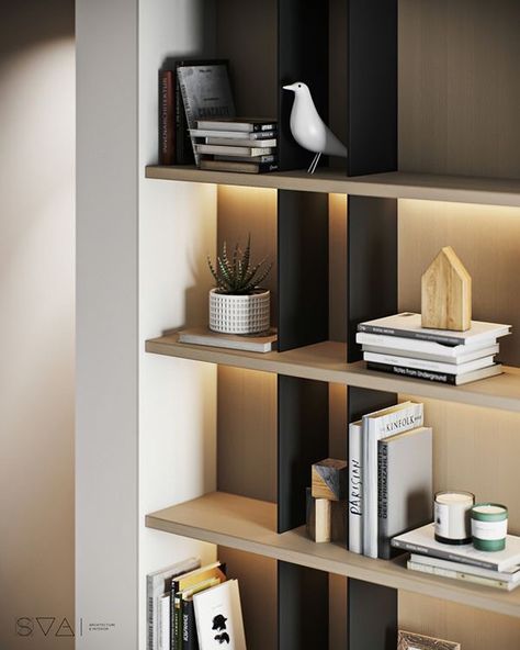 Bookshelves In Living Room, Bookcase Design, Shelving Design, Living Room Design Inspiration, Furniture Details, Shelf Design, Apartment Design, Visual Effects, Office Design