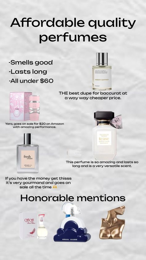 Affordable perfumes Best Affordable Perfumes, Perfume Recommendation, Affordable Perfume, Clean Perfume, Fresh Cream, Smell Good, Skin Care Tips, Ariana Grande, Body Care