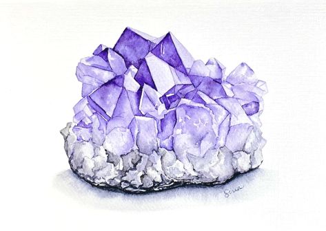 Crystal Drawings Easy, Crystal Drawing Ideas, Crystal Cluster Drawing, Amethyst Drawing, Crystal Sketch, Amethyst Tattoo, Geology Tattoo, Crystals Art Drawing, Watercolor Crystal