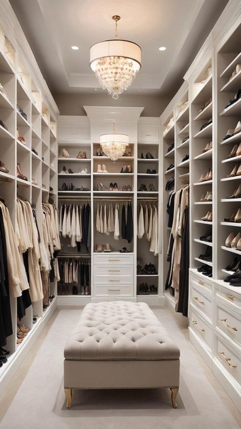 Beautiful Closets Bedroom, High Ceiling Dressing Room, Walk In Closet With Ottoman, Wedding Dress Closet Display, Walk In Closet Jewelry Storage, Walk In Closet Luxury Modern Master Bedrooms, Her Closet Walk In, Luxury Closet Designs Women, Closet For Dresses