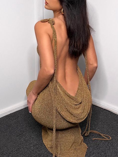 Backless Gold Dress, Melani The Label Dress, Open Chest Dress, Melani The Label, Gold Backless Dress, Medusa Costume, Badass Aesthetic, Summer Events, Gold Dress