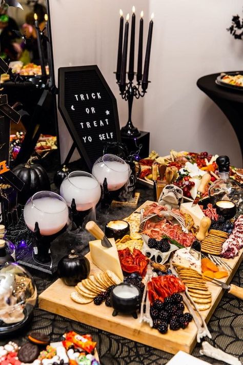 Ellaween Halloween Birthday on Kara's Party Ideas | KarasPartyIdeas.com Halloween Party Platter Ideas, Psychic Party Decorations, Halloween Food Setup Ideas, Halloween Party Food Display, Halloweentown Party Ideas, Halloween Buffet Decor, Halloween Food Table, Witches Brunch, Halloween Party Food Table