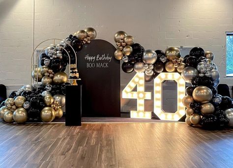 This elegant and stylish setup was the perfect way to celebrate a 40th birthday . . #40thbirthdayparty #birthdaypartyideas… 40th Husband Birthday Ideas, 70 Birthday Backdrop Ideas, Mens Birthday Backdrop, Centerpieces For 40th Birthday Party, 40th Birthday Decor For Men, Modern Event Decor, 40th Birthday Backdrop, 40th Birthday Party Themes, 40th Birthday Balloons