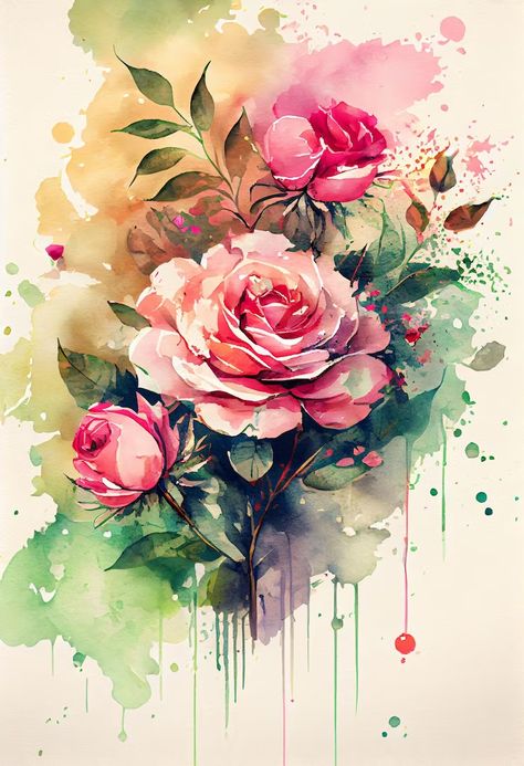 Premium Photo | Watercolor blooming rose flowers with splash background Watercolor Art Landscape Flowers, Watercolor Art Flowers Beautiful, Water Colour Flower Paintings, Photos Of Roses, Rose Flower Aesthetic, Flowers Watercolor Paintings, Flower Watercolor Paintings, Rose Painting Watercolor, Water Colour Flower