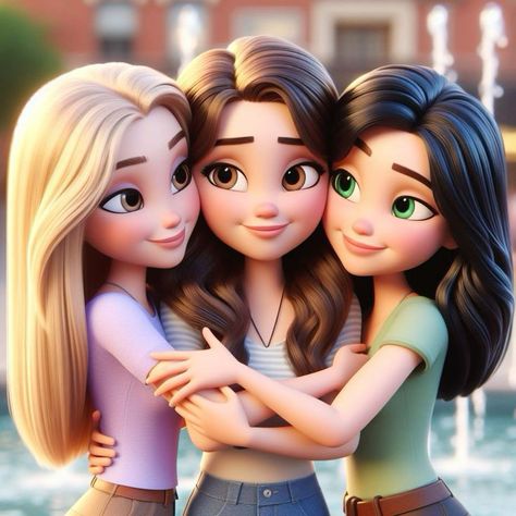 Braids Illustration, Sisters Photoshoot Poses, Best Friend Drawings, Friendship Photoshoot, Best Friends Cartoon, Disney Princess Artwork, Three Best Friends, Cartoon Girls, Friend Cartoon