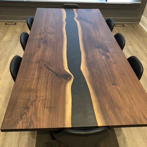 Walnut River Table with Black Resin – Jeff Mack Designs Black Epoxy Wood Table, Walnut Black Epoxy Table, Walnut River Table, Walnut Epoxy Table, Black Resin Table, Black Walnut Wood Projects, Black Epoxy Table, Black Walnut Table, Resin Dining Table