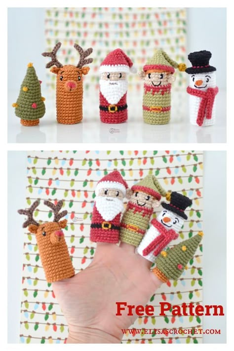 Christmas Finger Puppets Free Crochet Pattern Crochet Finger Puppets Free Pattern, Fast Crochet Projects, Christmas Finger Puppets, Winter Crochet Patterns, Crochet Finger Puppets, Crochet Puppets, Crochet Ornaments Free Pattern, Crochet Stuffed Animals, Crochet Patterns Ideas