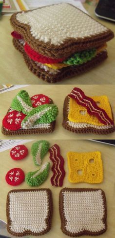 Crochet sandwich - apparently this is from a book. The link I've added goes to an adapted pattern: "Adapted from "Yummi 'Gurumi: Over 60 Gourmet Crochet Treats to Make" by Christen Haden, published by Mariarosa Sala/Andrews McMeel. Images Jeremy Hopley." Crochet Sandwich, Crochet Decor, Pola Amigurumi, Crochet Food, Fun Crochet, Haken Baby, Crochet Diy, Sylvanian Families, Crochet For Kids