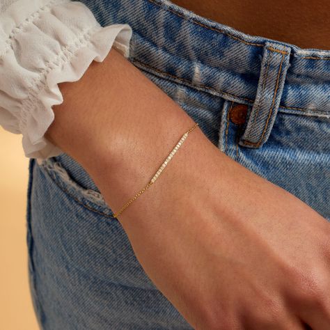 Ross-Simons - .20 ct. t. w. Diamond Bar Bracelet in 14kt Yellow Gold. 7.5". RS Pure. Create the perfect stackable look with delicate, modern jewelry. This dainty bracelet features a .20 ct. t. w. round brilliant-cut diamond bar stationed on a simple cable chain with a 1/2" extender. Perfect for daily wear, this pretty bracelet adds a touch of sparkle to your go-to outfits. Set in polished 14kt yellow gold. Lobster clasp, diamond bar bracelet. Diamond birthstones are the perfect gift for April bi Simple Bracelets Gold, Diamond Bar Bracelet, Golden Bracelet, Bracelet Diamond, Baguette Diamond Rings, Diamond Birthstone, Bar Bracelet, Diamond Solitaire Necklace, Dainty Bracelet