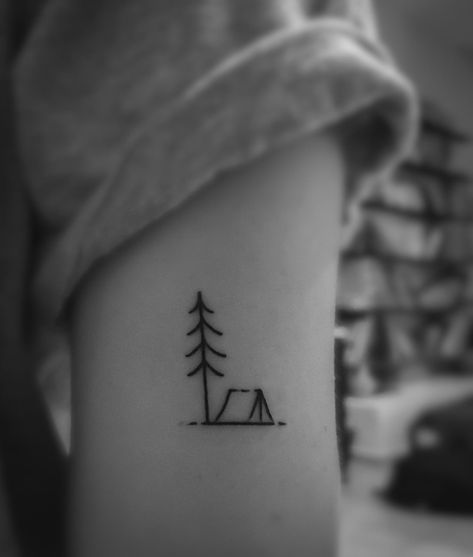 Outdoor Tatoos Men, Outdoors Couple Tattoos, Fine Line Tattoo Outdoors, Minimalist Hiking Tattoo, Small Hiking Tattoo, Simple Nature Tattoos Men, Backpack Tattoo Travel, Tent Tattoo Design, Small Camping Tattoo