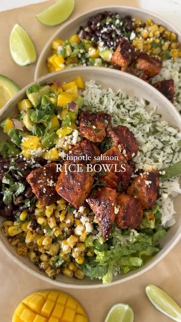 Salmon Dinner Bowl Recipes, Salmon Chipotle Bowl, Food Recipes High In Protein, Things To Eat With Salmon, Meal Prep Ideas Pescatarian, Dinner Ideas Healthy High Protein, Low Calorie High Protein Meals Pescatarian, Seafood Meal Prep For The Week, Pescatarian Recipes High Protein