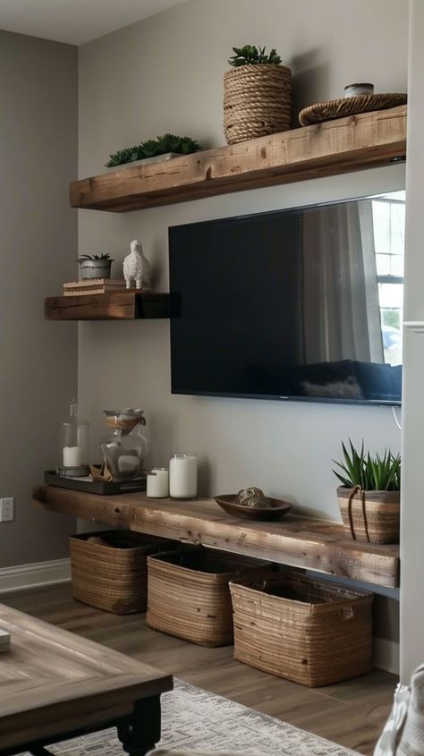 TV Wall Decor Ideas to Elevate Your Living Room - Remodr Shelving Under Tv Mounted Tv, Tv On Floating Shelf, Under The Tv Ideas, Living Room Ideas Shelves, Under The Tv Decor, Ideas Sala Comedor, Living Room Floating Shelves Around Tv, Bare Wall Ideas Living Room, Tv Mounted On The Wall In Living Room