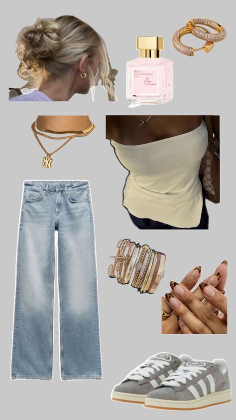 messy bun, panter nails, blue wide leg jeans, white bandeau top, grey adidas campus Grey Top Outfit, Wide Leg Jeans White, White Bandeau Top, Blue Wide Leg Jeans, White Bandeau, Nails Blue, Adidas Campus, Jeans White, Grey Adidas