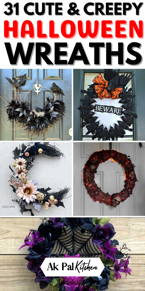 DIY Halloween wreath ideas are perfect for adding a spooky touch to your home. Discover creepy wreath crafts and elegant Halloween wreath designs. From DIY witch wreaths to vintage spider wreaths, there's something for every style. Create a haunted house vibe with skeleton wreaths or go for vampire wreaths. Explore pumpkin wreaths and black and orange wreaths to enhance your Halloween door decor. Whether you prefer fall and Halloween wreaths or monster-themed wreaths, we've them all. Scary Wreaths, Diy Halloween Wreaths For Front Door, Halloween Wreaths Diy, Dollar Tree Halloween Wreath Diy, Halloween Wreaths Diy Dollar Stores, Halloween Wreath Ideas Diy, Halloween Wreath Ideas, Diy Halloween Ribbon Wreath, Halloween Wreaths