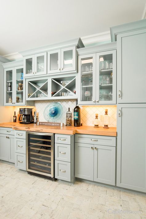 Coastal Coffee and Wine Bar with Blue Green Shaker Cabinets - Cabinets.com Coffee Bar Built In Cabinets, Coffee Wine Bar Ideas, Coastal Coffee Bar, Coffee And Wine Bar Ideas, Coffee/wine Bar Ideas, Green Shaker Cabinets, Thomasville Cabinets, Coffee And Wine Bar, Timeless Kitchen Cabinets