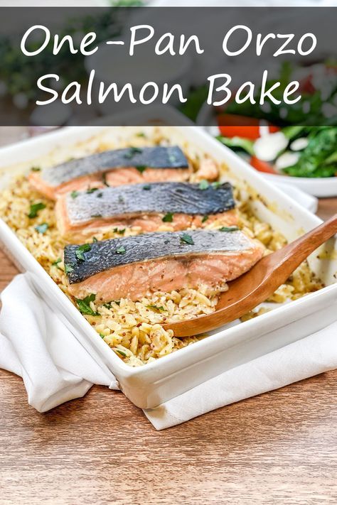 Orzo Salmon, Salmon Orzo Recipe, Orzo Recipes Healthy, Salmon Orzo, Salmon Bake, Oven Salmon, Bean Recipe, Pyrex Casserole Dish, Orzo Recipes