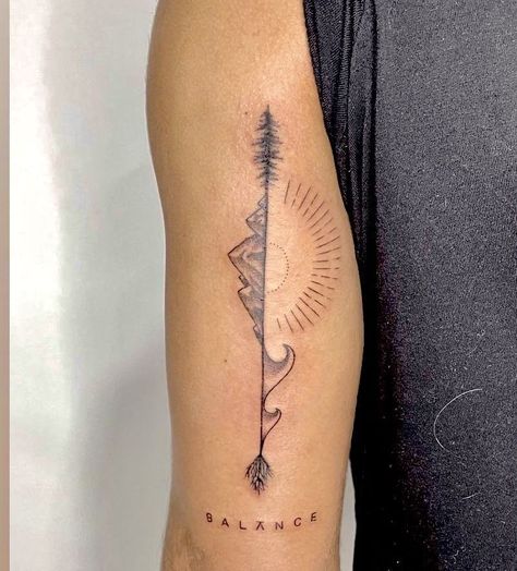 Sun Wave Tree Tattoo, Line Art Waves Tattoo, No Color Tattoos For Women, Arrow With Waves Tattoo, Men Back Tattoos Ideas Guys, Mountain Ocean Tree Tattoo, Arm Tree Tattoo Men, Greenery Arm Wrap Tattoo, Wave Tree Tattoo