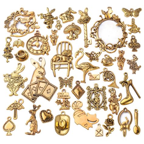 PRICES MAY VARY. Package includes: There are 40pcs antique gold alice charms in the package, enough quantity and different styles will provide you with more matching choices for various outfits needs in daily life Reliable material: Made of alloy material, look glossy and shiny, durable and sturdy, friendly to skin, not easy to break, hard to rust or corrode, also not easy to out of date, can be applied for long time Suitable sizes: As the picture shows, the sizes are about 5mm-45mm. Charms in a Steampunk Skeleton, Alice Wonderland, Fairy Charms, Skeleton Keys, Key Pendant Necklace, Diy Earring, Necklace Charms, Pendants Necklace, Key Pendant