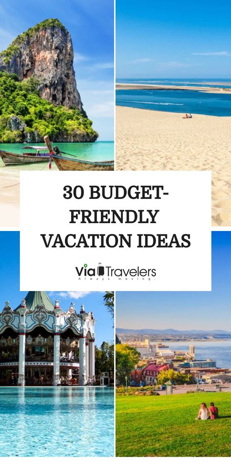 30 budget-friendly vacation ideas illustrated with scenic travel photos including beaches, mountains, and cityscapes. Budget Vacation Families, Family Vacation Usa, Family Trip Ideas Destinations, International Family Vacation Ideas, Vacation Spots For Families, Family Reunion Destinations, Us Family Vacation Ideas, Summer Family Vacation Destinations, Affordable Family Vacation Destinations