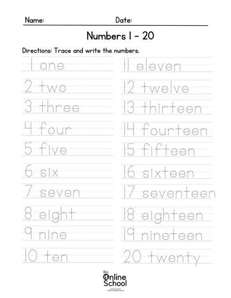 K-12 Teacher created worksheet to help practice writing and spelling numbers from 1 to 20. Great practice tool for students to learn to identify and spell numbers correctly. Ideal for kindergarten through 3rd grade. Can also be used for English Language Learners as well as for students needing extra support with number recognition, writing and spelling. Kindergarten And 1st Grade Activities, Numbers Practice Worksheets, Writing Practice For Kindergarten, Number 1 To 20 Worksheets, 1 20 Number Worksheet, Number Spelling Worksheets, Write Numbers In Words Worksheet, Numbers From 1 To 20 Worksheets, Worksheet Numbers 1-20