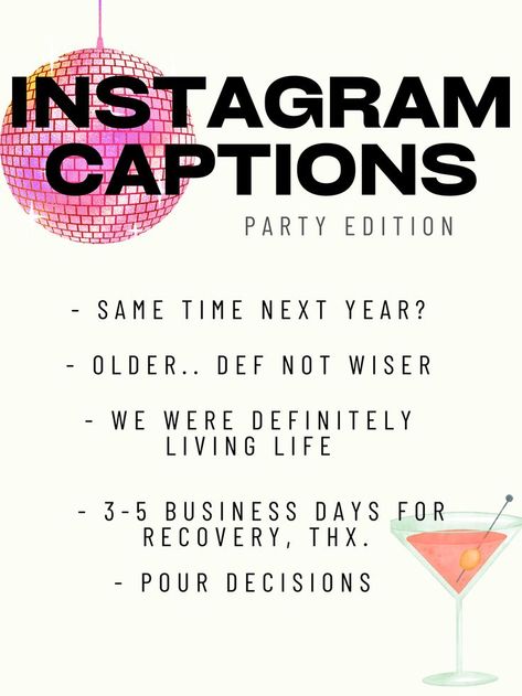 Instagram Caption For Party Pictures, Party Photo Captions, Instagram Captions Party Night, Instagram Captions For Events, Nye Captions, Celebration Captions Instagram, Holiday Party Captions Instagram, Disco Captions, End Of The Year Captions Instagram