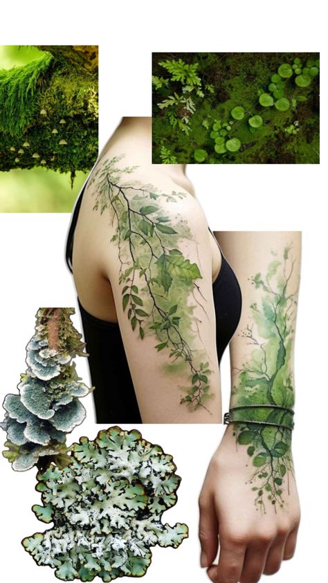 Seidr Volva Tattoo, All Green Tattoo, Colored Nature Tattoo, Minimal Colour Tattoo, Hip Plant Tattoo, Plant Ring Tattoo, Elegant Tattoo Designs, Moss Tattoo Nature, Deadly Plant Tattoo