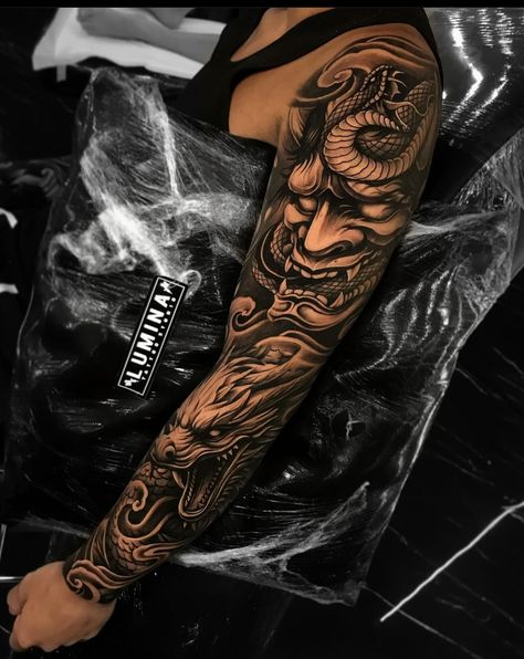 Tattoo Sleeve Samurai, Japanese Demon Sleeve Tattoo, Oni Mask Tattoo Shoulder, Chinese Arm Sleeve Tattoo, Japanese Arm Sleeve Tattoo, Japanese Arm Tattoo Men, Japan Tattoo Sleeve For Men, Full Sleeve Tattoos For Guys Ideas, Chinese Foo Dog Tattoo