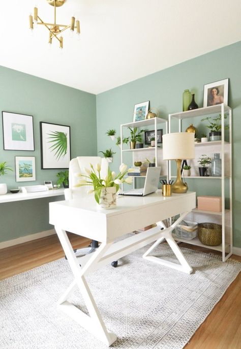 Boho Chic Office Space, Small Basement Color Ideas, Mint Green Office Ideas, Office Walls Ideas, Cozy Office Space At Home, Home Office Color Scheme, Crystal Office, Beachy Office, Neutral Home Office